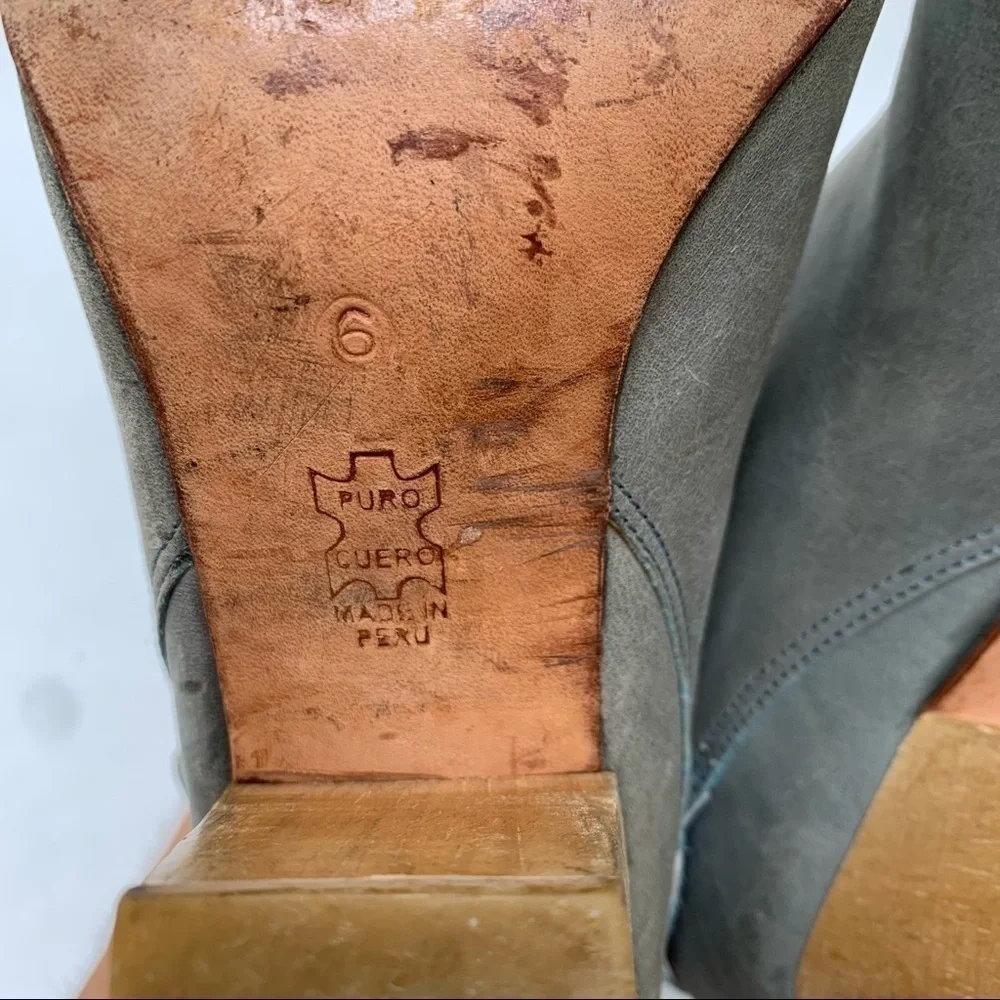 Fortress of Inca Leather Booties Size 6 Ankle Boots Heel Buckles Gray Green